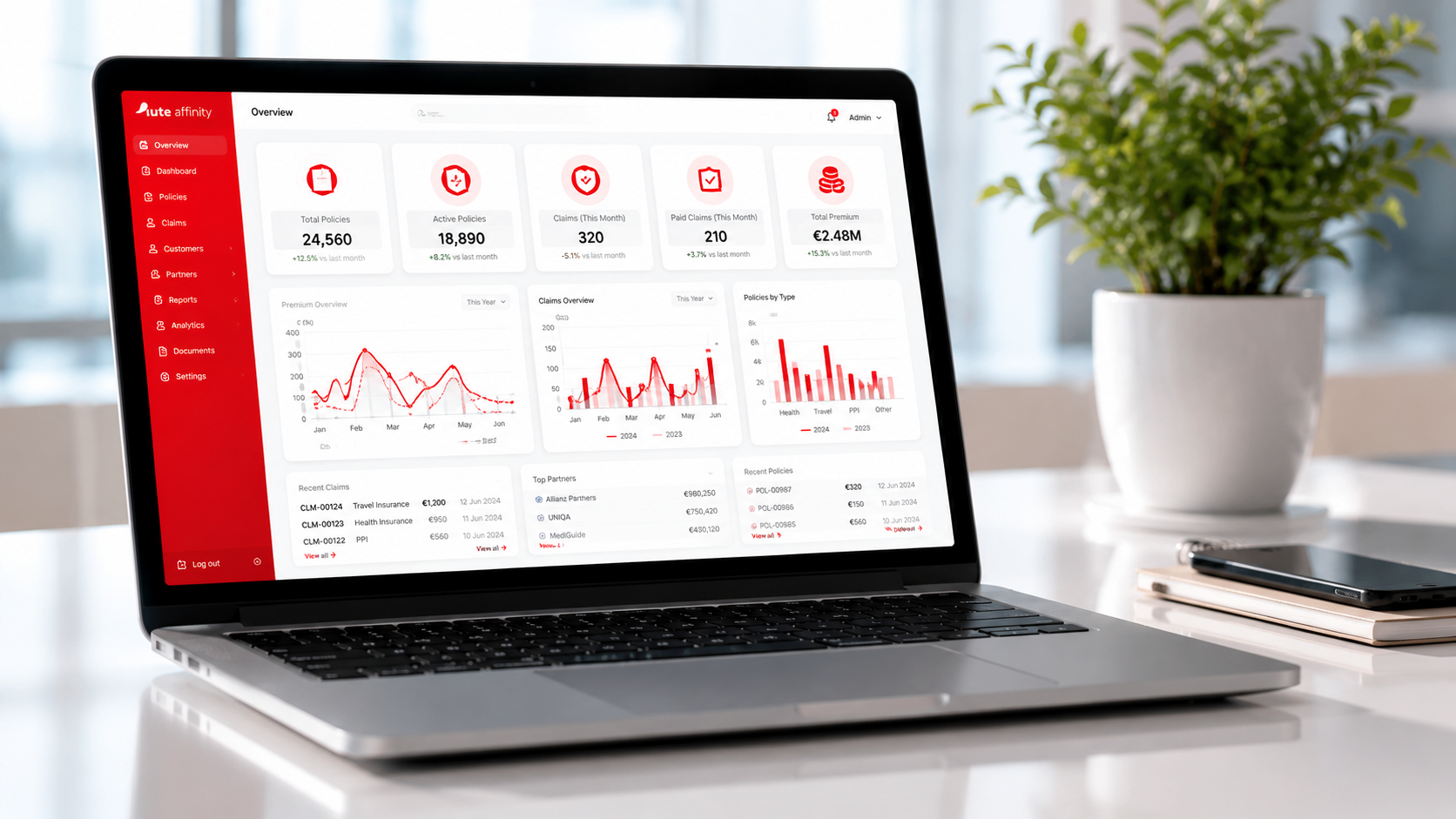 Iute Affinity insurance administration dashboard on a laptop